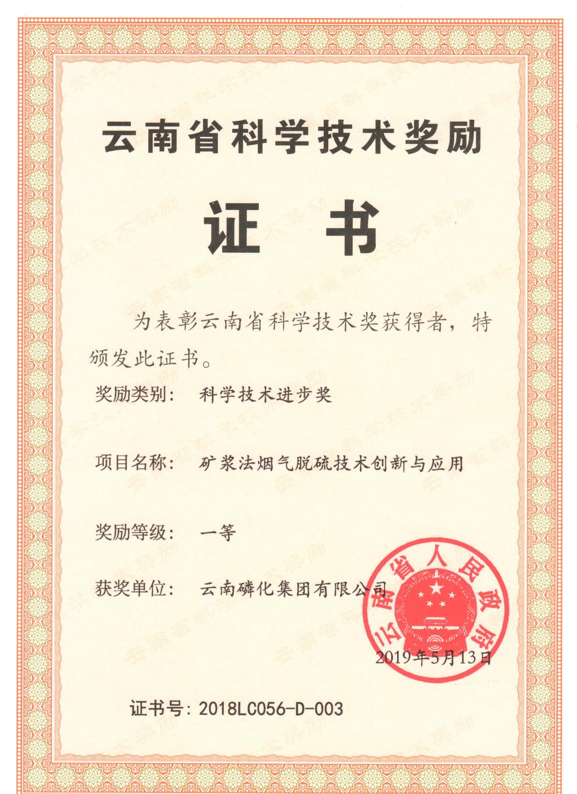云南省科学技术奖励一等奖2019